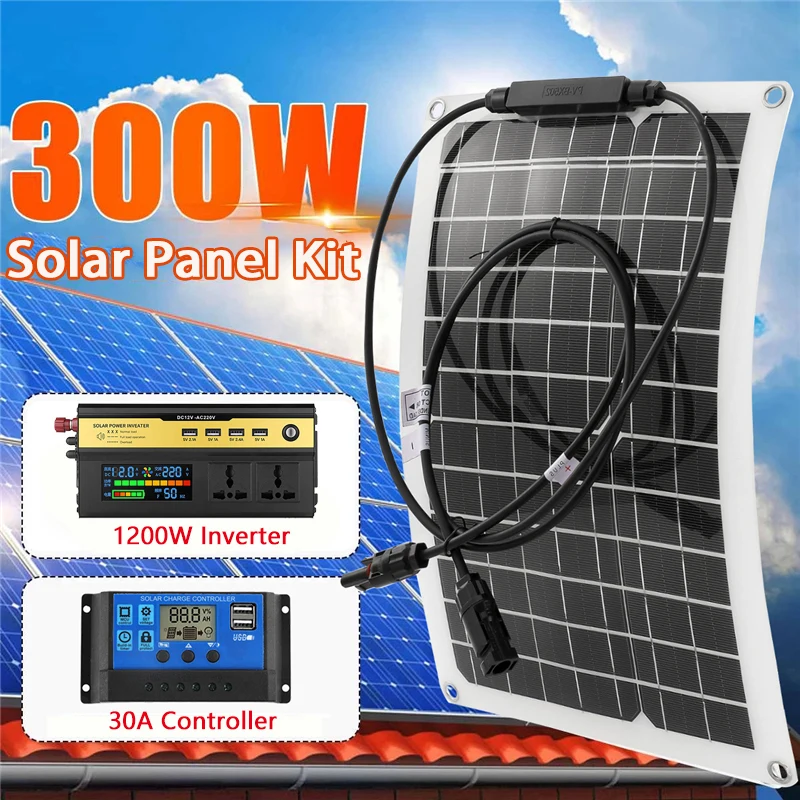 12V to 220V Solar Power System 1200W Car Inverter 300W Solar Panel Battery Charger with 30A Controller for Home Outdoor Phone