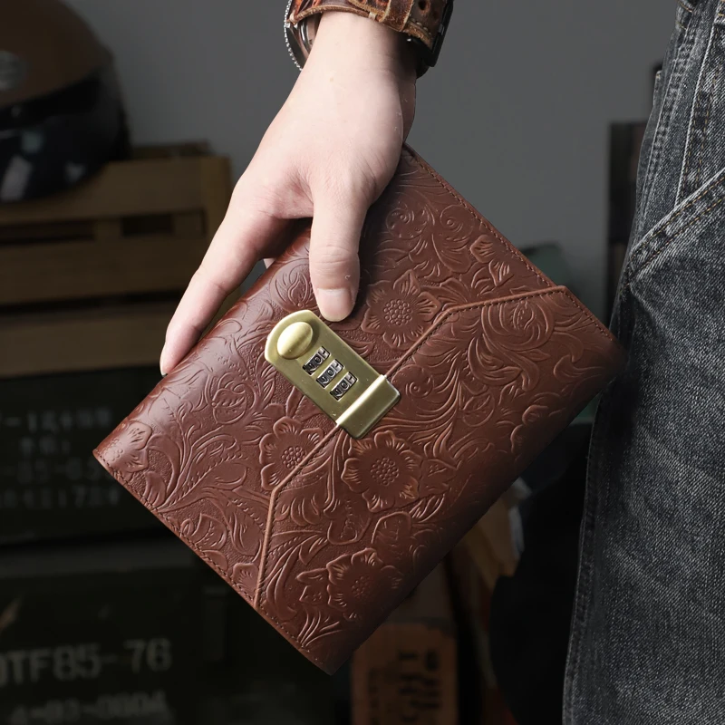 

A5/A6 Password Journal Genuine Leather Cover 160 pages Thick Note Book Metal Lock Planner Handmade Retro Daily Notebook