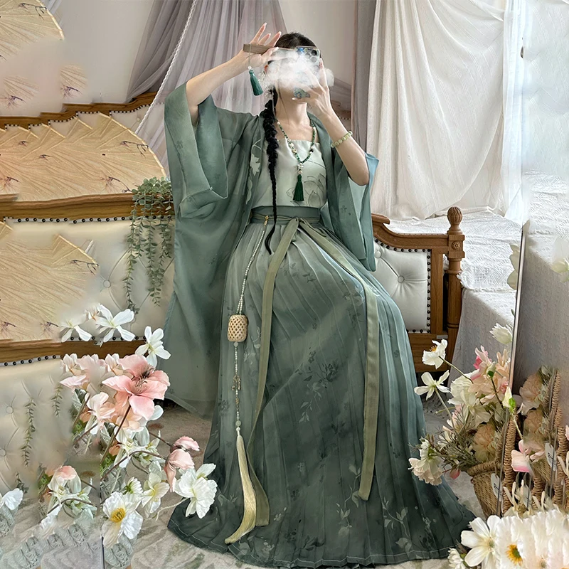 Vestido longo hanfu feminino, roupas han, trajes estampados com flores, alça e saia, novo estilo chinês, verde, verão, elegante