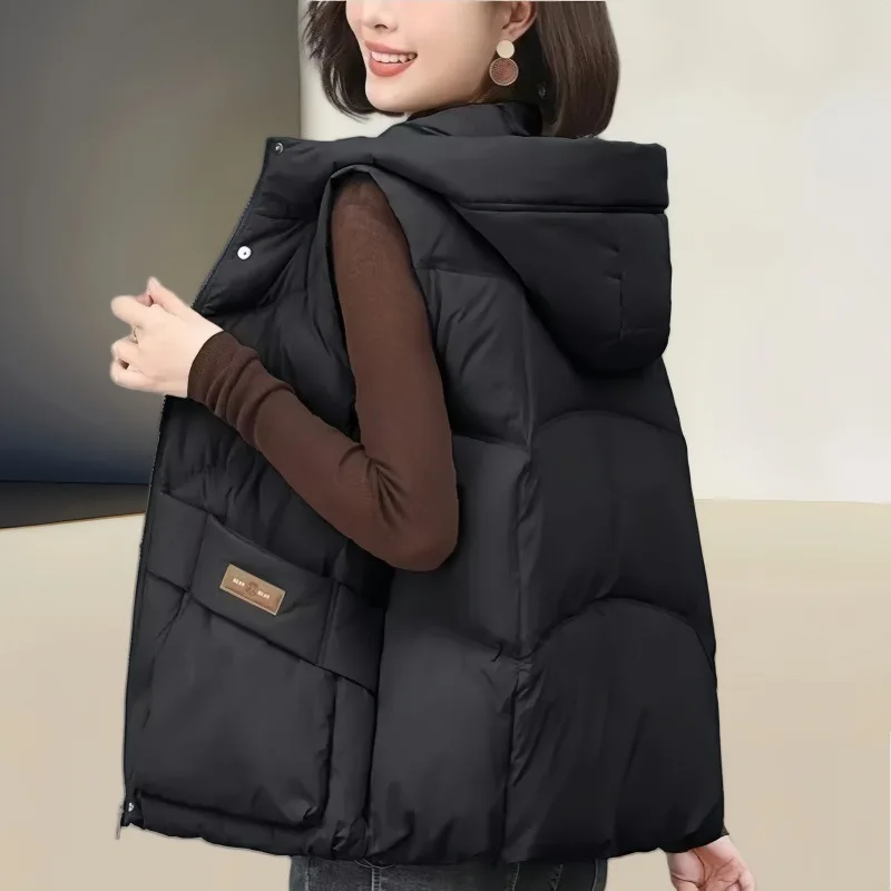 

Down Cotton Vest Coat Women Parkas 2025 Korean Short Sleeveless Jacket Fashion Waistcoat Outcoat Hooded Female Overcoat