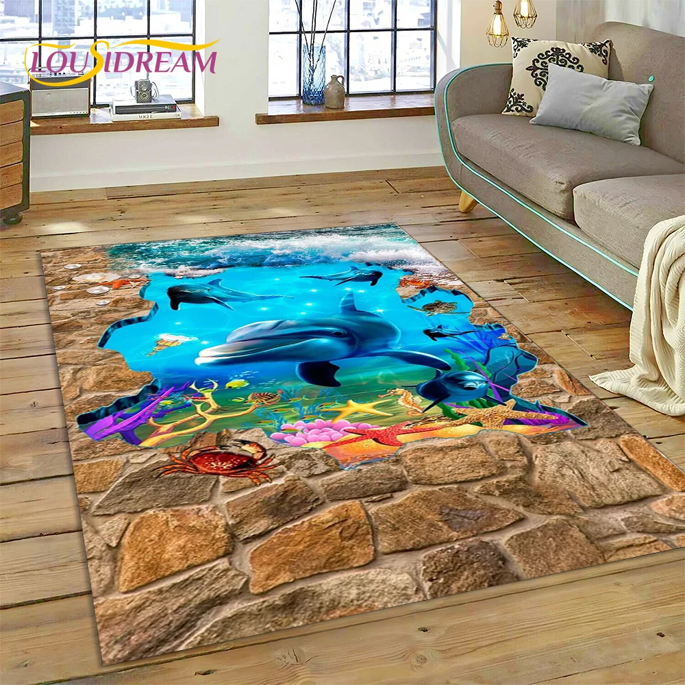 3D Illusion Underwater World Seabed Shark Dolphin Cartoon Rug Carpet for Living Room Bedroom Decor,Non-slip for Sofa Doormat Kid