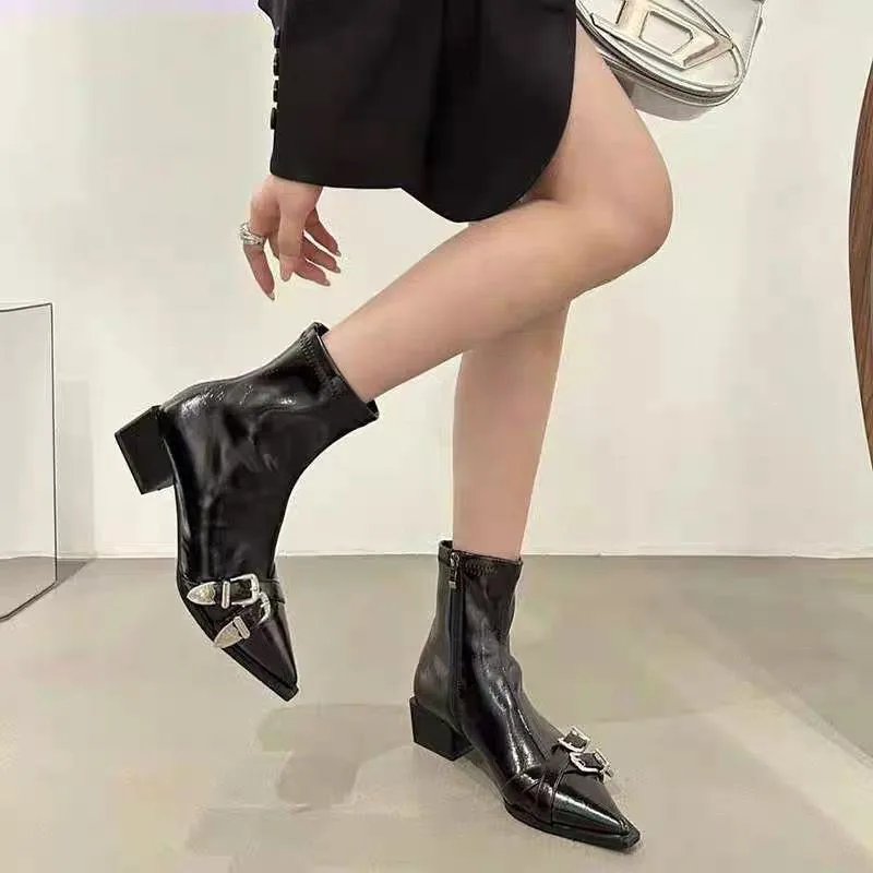 Women's Chunky Single Boots Autumn New Pointed Belt Buckle Side Zipper Anti-slip Wear-resistant Short Boots