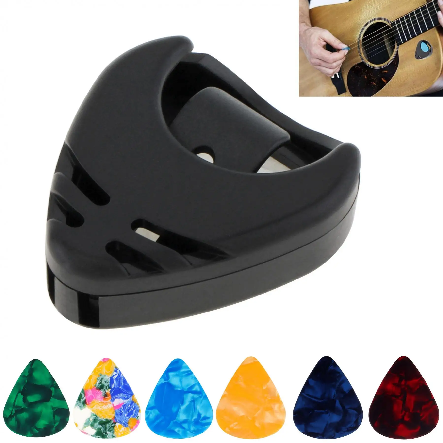 Palo de plástico negro en soporte para púas de guitarra para ukelele acústico/guitarra/bajo con parte trasera adhesiva, colocación de púas conveniente