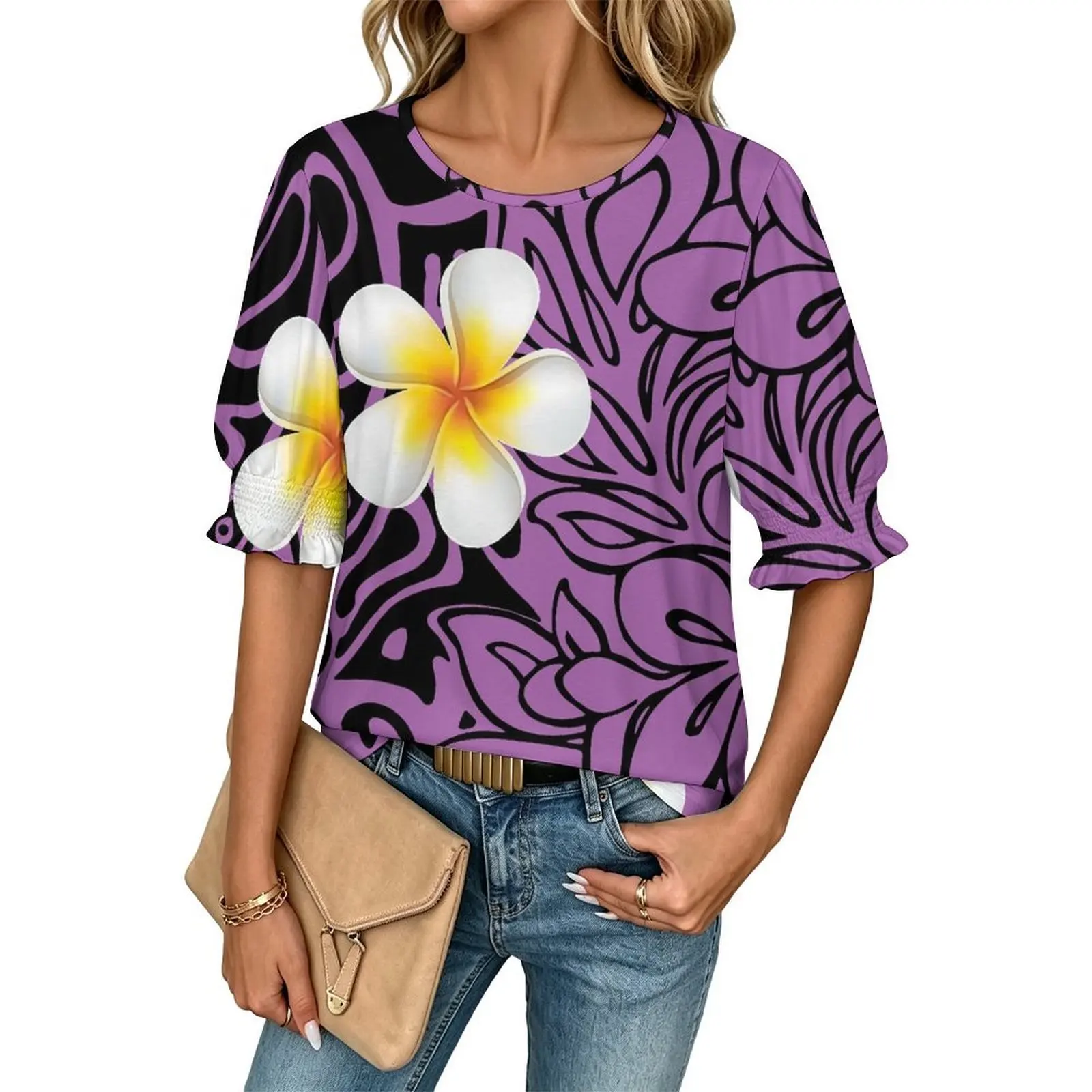 Newly designed Polynesian island patterned women's short-sleeved shirt with high-definition design, a casual shirt