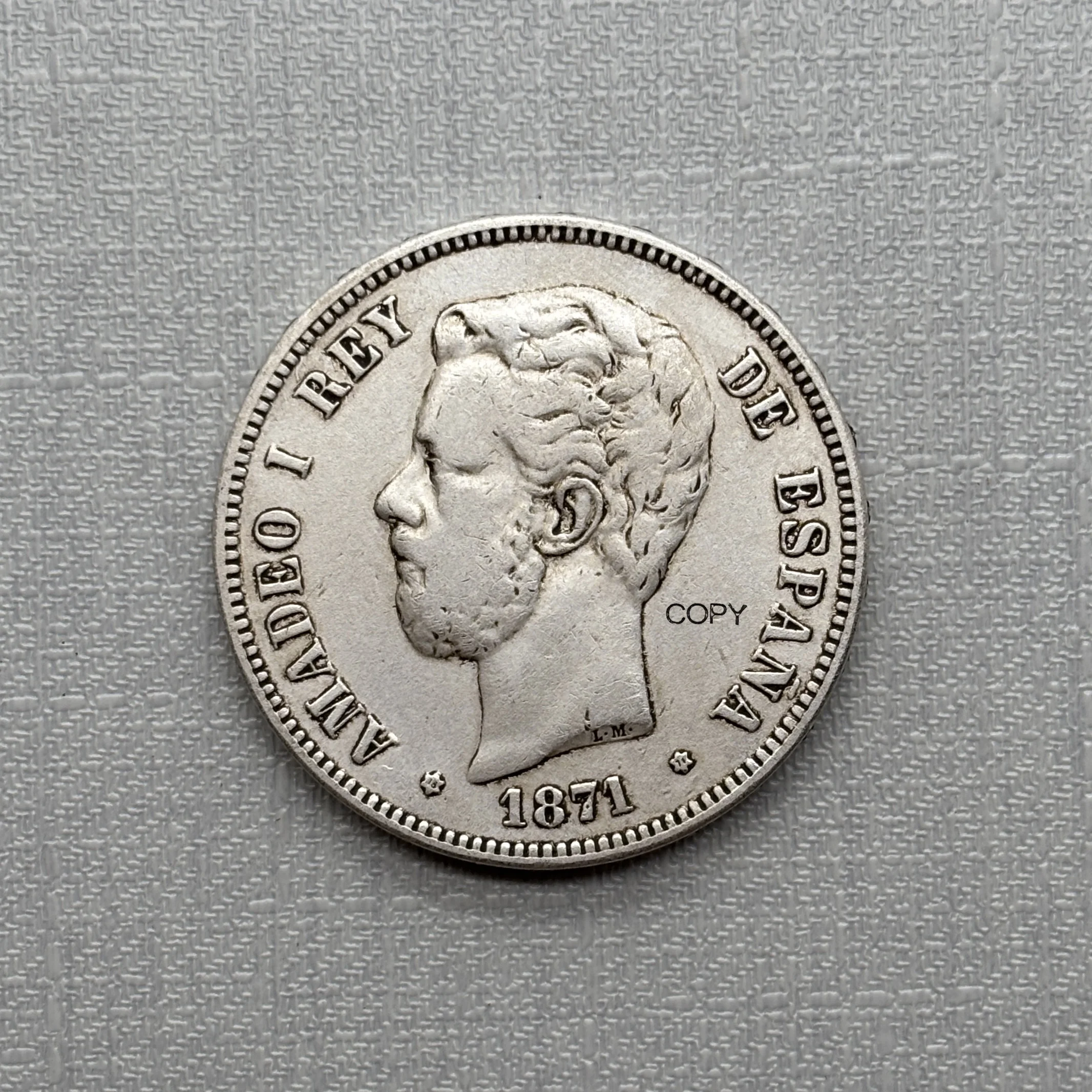 Moneda Conmemorativa de España 1871, 5 Pesetas, Amadeo I Rey de España, Copia Plateada en Metal