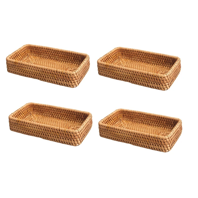 

4X Hand-Woven Storage Basket Rattan Storage Tray Wicker Baskets Bread Fruit Food Breakfast Display Box Home Decoration-C