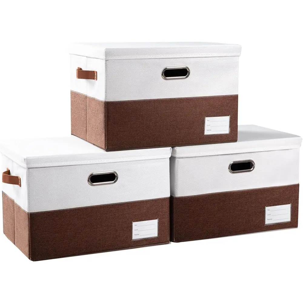 

Collapsible Fabric Storage Boxes with Lids [3-Pack], Cube Baskets for Closet & Bedroom, Brown & White (17.7x11.8x11.8)