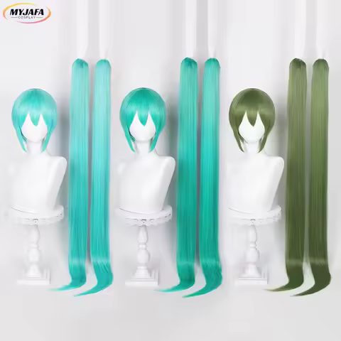 115cm Miku Cosplay Wig Anime Long Ponytails Short Hair Straight Wig Heat Resistant Synthetic Hair Role Play Wigs + Wig Cap