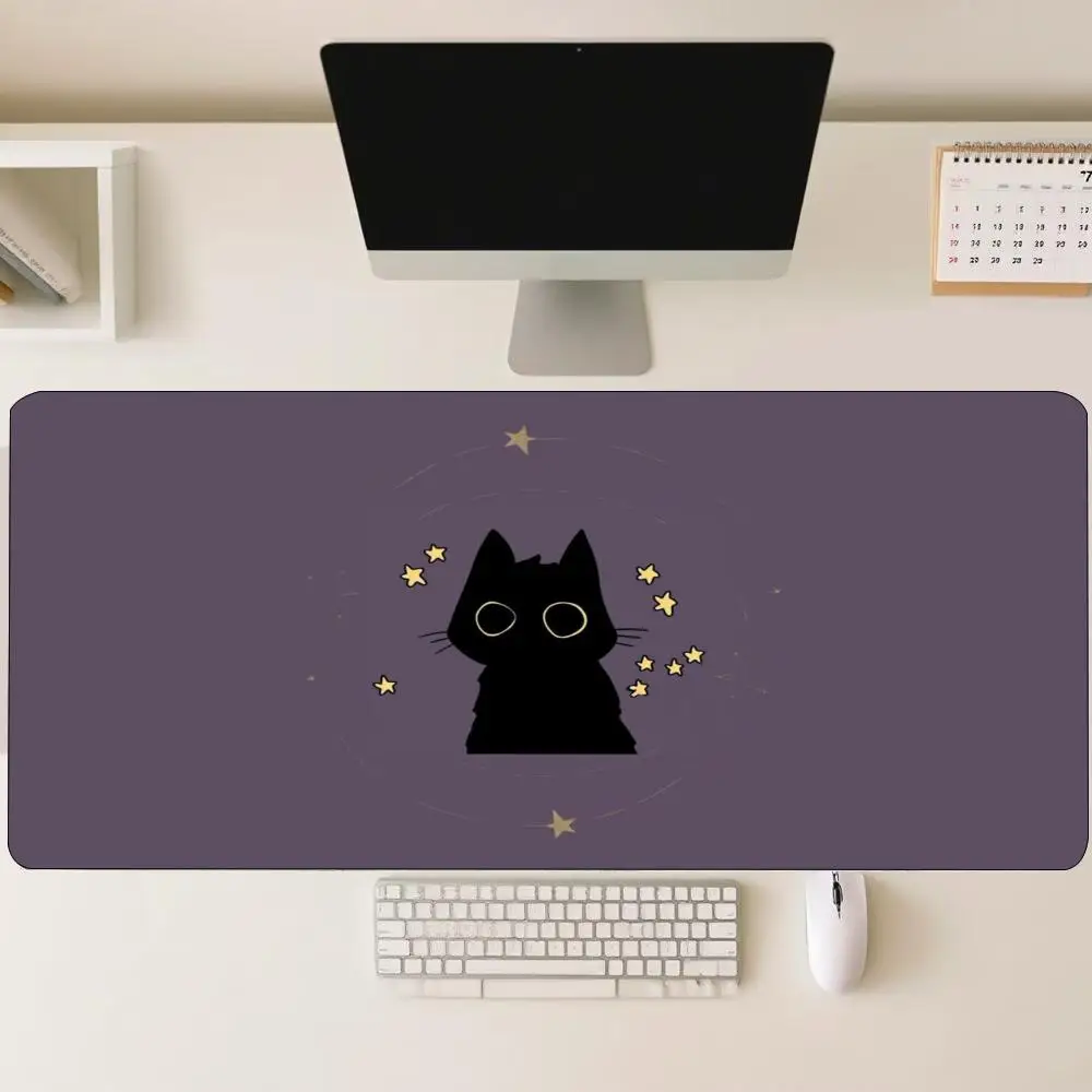 Large Desk Mouse Pad Cute Black Cat Moon Star Pattern Rubber Non Slip Extended Desktop Mouse Mat For Gaming Laptop Office Work
