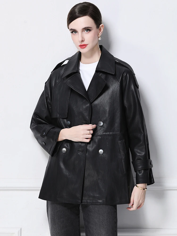 الخريف الشتاء المرأة بولي Leather الجلود متوسطة طويلة سترة جلدية معطف مزدوجة الصدر سترة واقية سترة جلدية فضفاضة غير رسمية S161