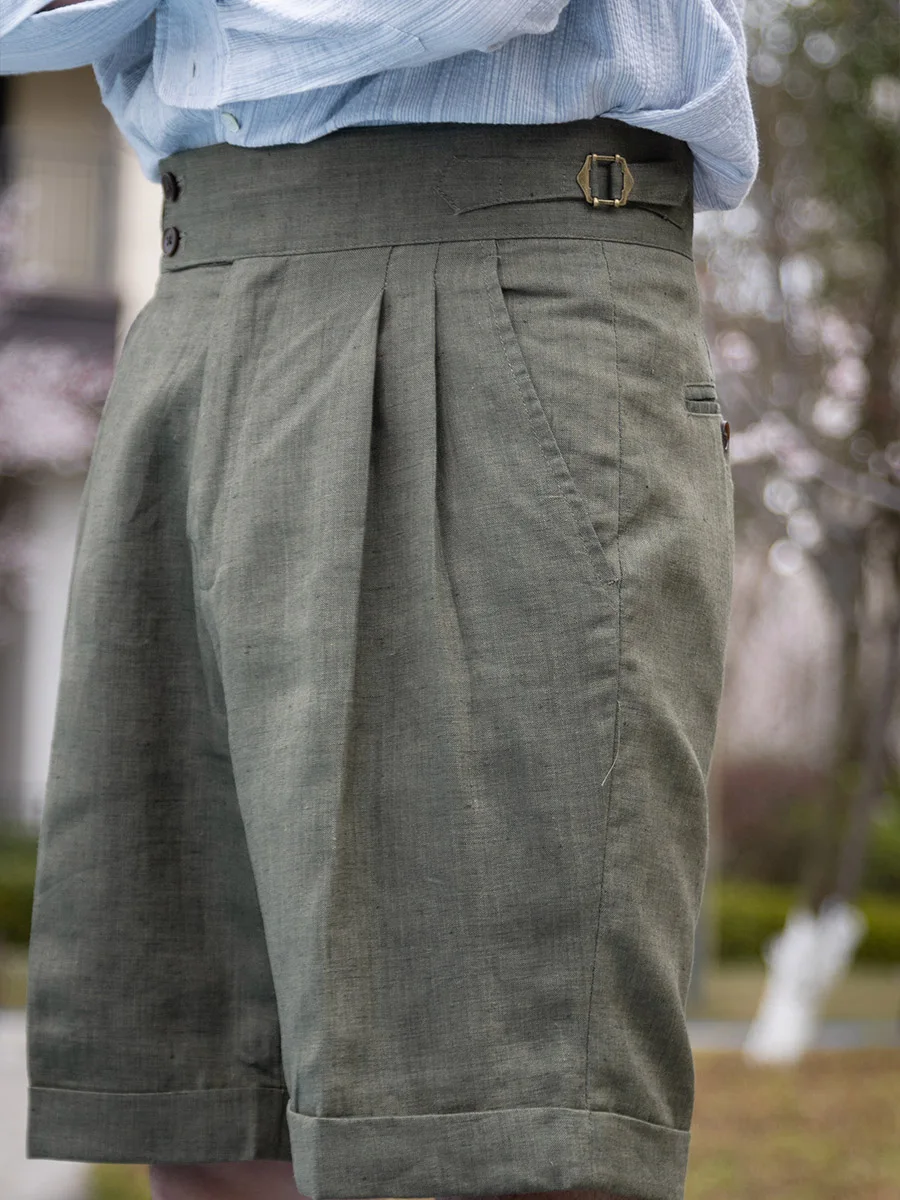 

POT&CRAFTSMAN Italian imported linen Moss green Neapolitan loose-fitting five-quarter shorts men's Bermuda customizable