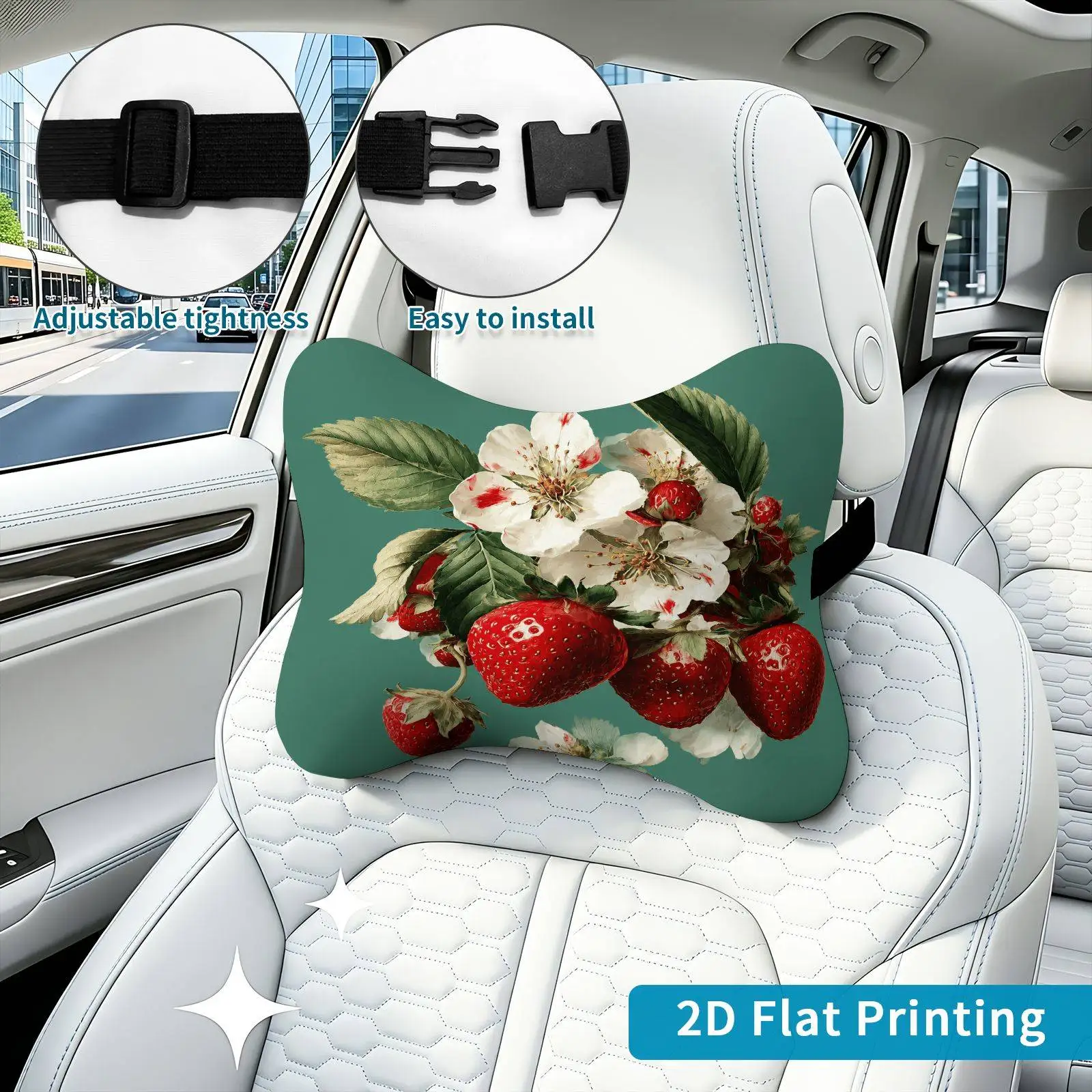2pcs Strawberry Floral Pattern Car Seat Headrest, Neck Support Cushion, Suitable For All Seasons Of Car Additions, Strawberry Bl
