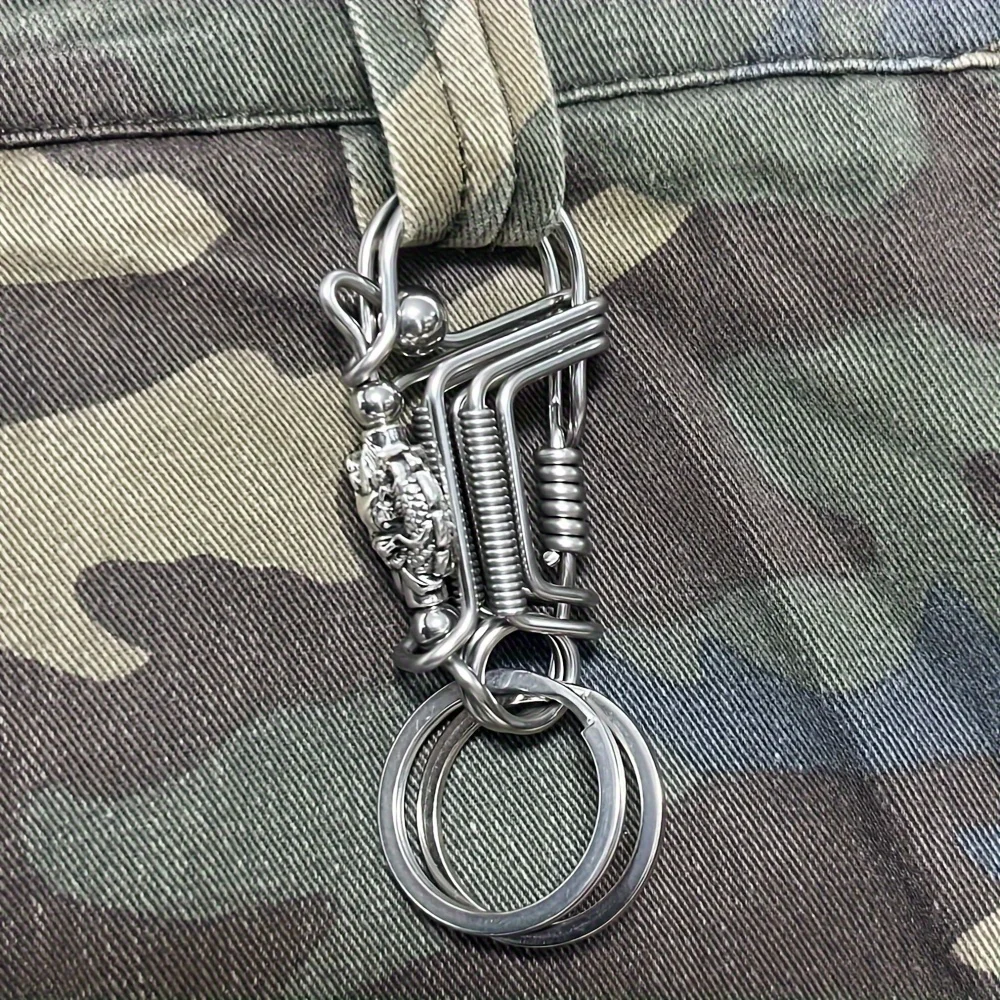 Stainless Steel Keychains, 3 Steel Wires Matte Color Handmade Dragon Head Mechanical Car Key Ring, American Men Outdoor Trinket