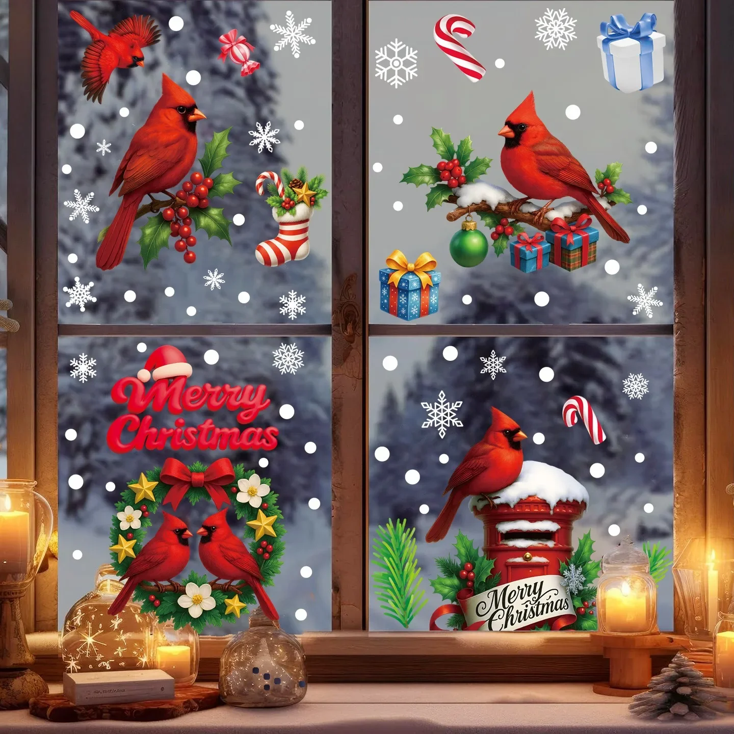 Christmas Red Bird Window Sticker Wall Decoration Xmas Red Bird Electrostatic Stickers Merry Christmas Decor Noel Happy New Year