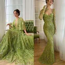 Green A Line Evening Dresses V Neck Long Sleeves High Neck Prom Dress 3D Flowers Beads Special Occasion Gowns