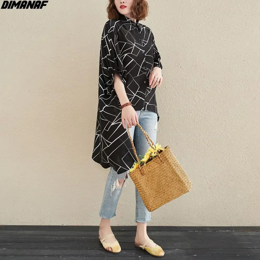 Dimanaf 2024 Plus Size Shirts Women Blouse Bat Striped Casual Cardigan Outerwear Big Size Blouse Oversize Large Black Shirts 5XL