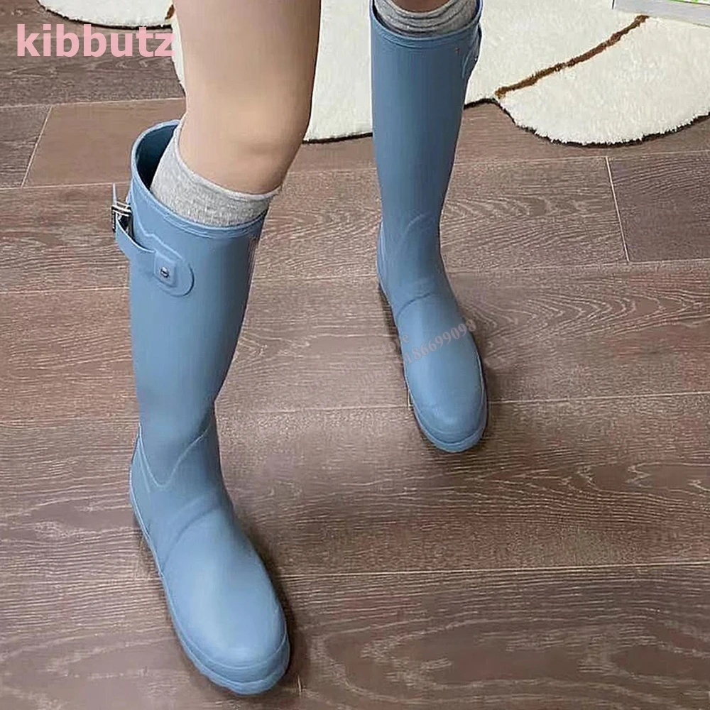 Botas de chuva ao ar livre impermeáveis antiderrapantes para mulheres, cordões altos no joelho, dedo do pé redondo, salto quadrado, cor mista, moda de couro, sapatos concisos