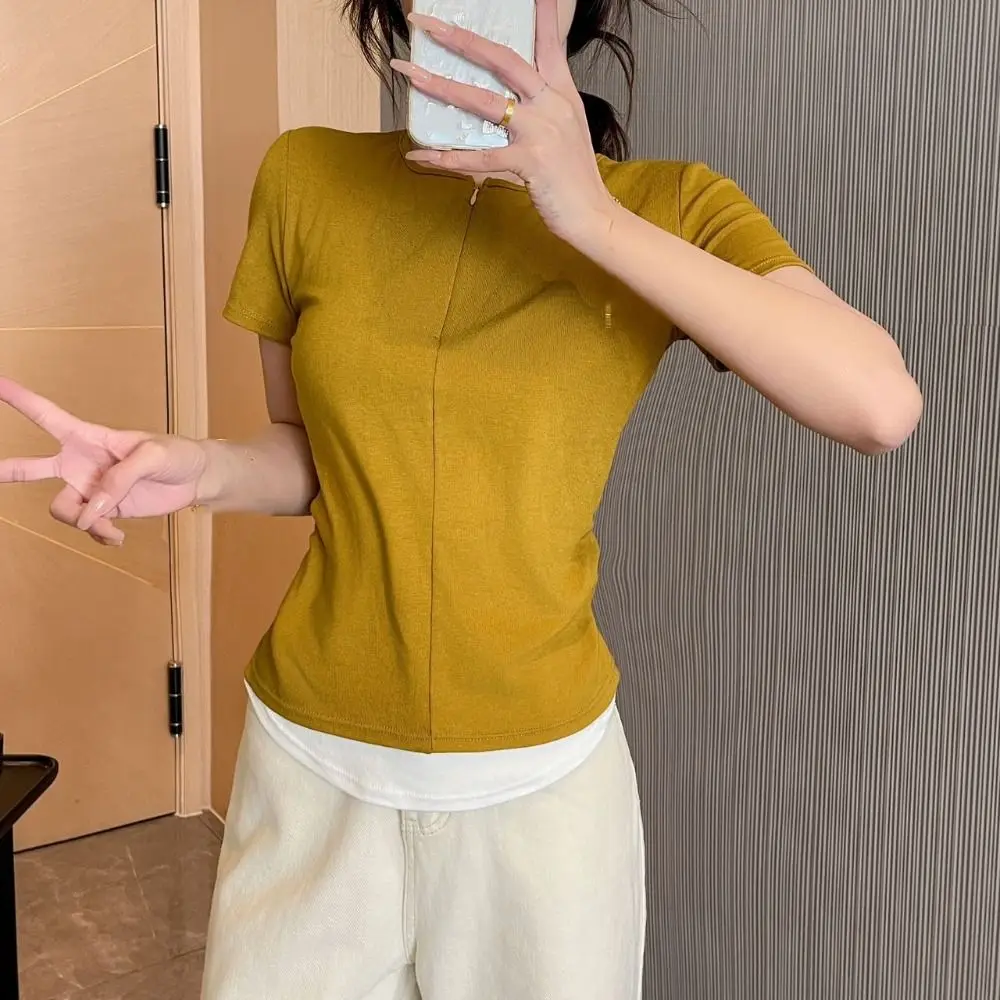 

Korean Style Y2K Fake Two Pieces Top V-neck Undershirts Slim Crop Top Women Spicy Girl Patchwork Short Sleeve T-shirts Girls