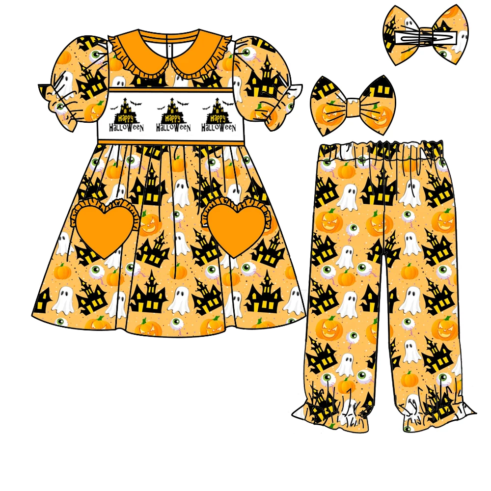Boutique children's suit short-sleeved elastic ghost pumpkin house print trousers girls boys trousers pajama set Halloween