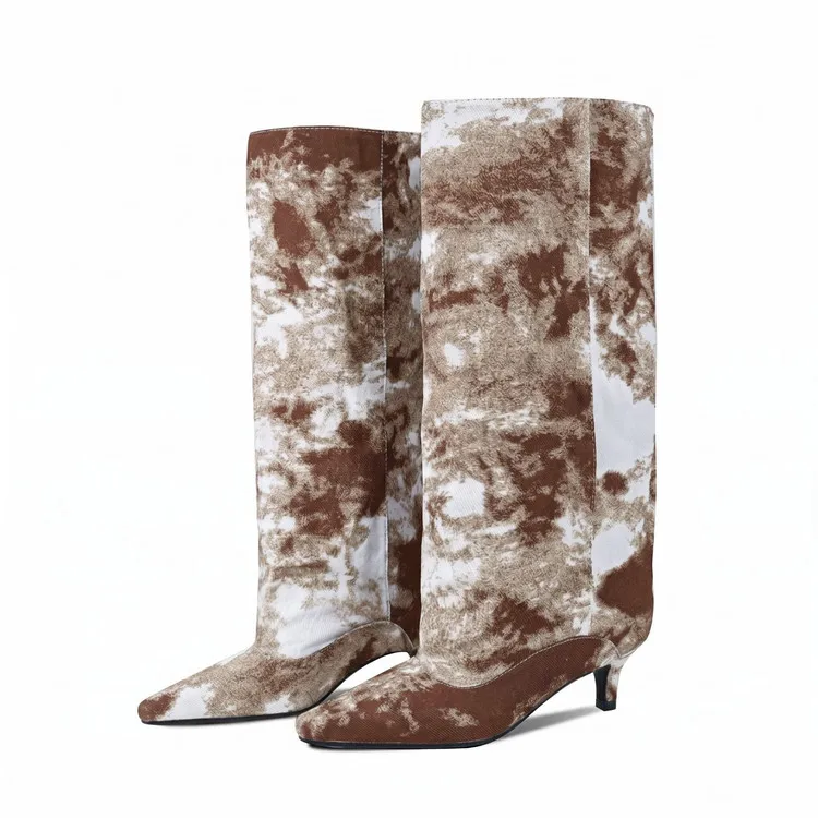 Tie Dye Graffiti Denim Pointed Toe Kitten Heel Mid Calf Boots Slip On Women Fashion Statement Tall Dress Boots F652