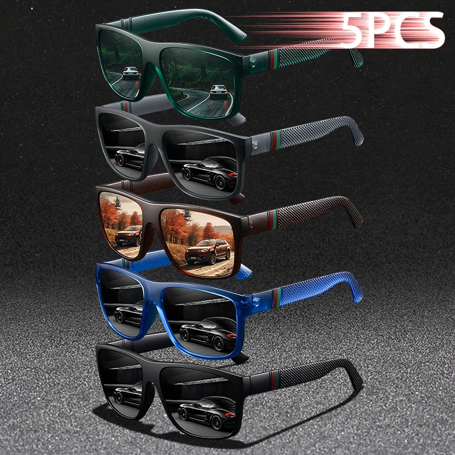 5 Stück Klassische Vintage Quadratische Sonnenbrille mit Buntem Streifendesign für Männer und Frauen, zum Fahren und Angeln, Modische Marken-Designer-Sonnenbrille