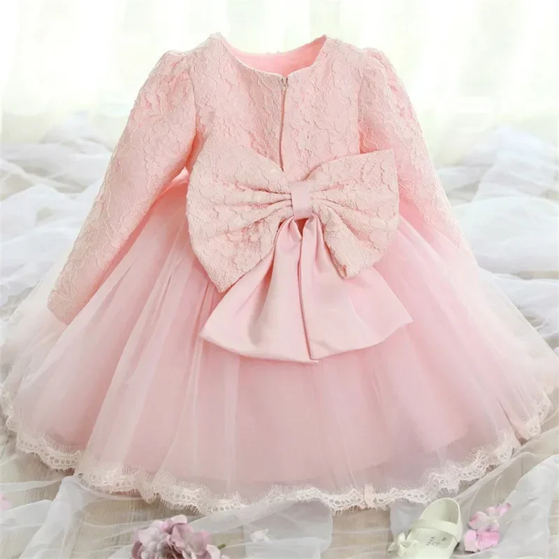 2024 Newborn Long Sleeve Baby Girls Dresses Party Wedding Girl Lace Big Bow Gown Infant Girl 1st Birthday Princess Baptism Dress