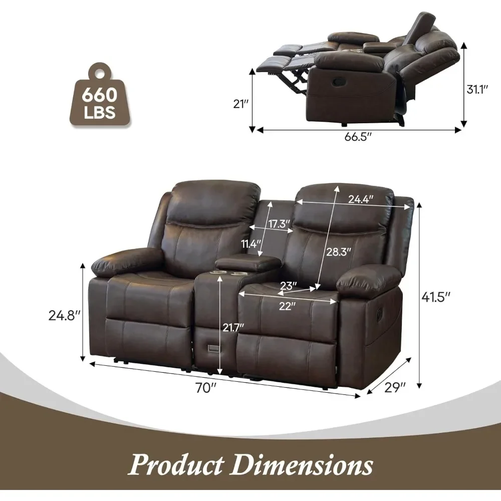 Reclining Loveseat with Console, Double Reclining Loveseat, 2 Seater Manual Reclining Couch for Living Room, Office,Home Theater