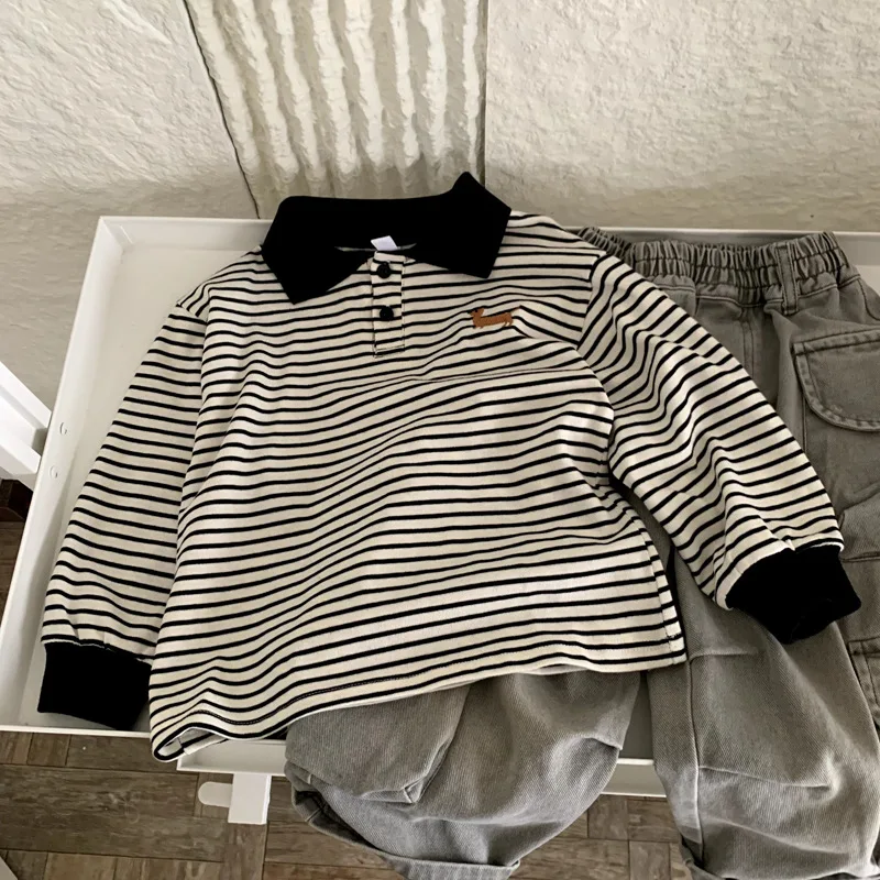 

Boys T-shirt 2025 Autumn Spring Korean Style Kids Clothes Fashion Trendy Striped Embroidered Long Sleeve Base Layer Tops