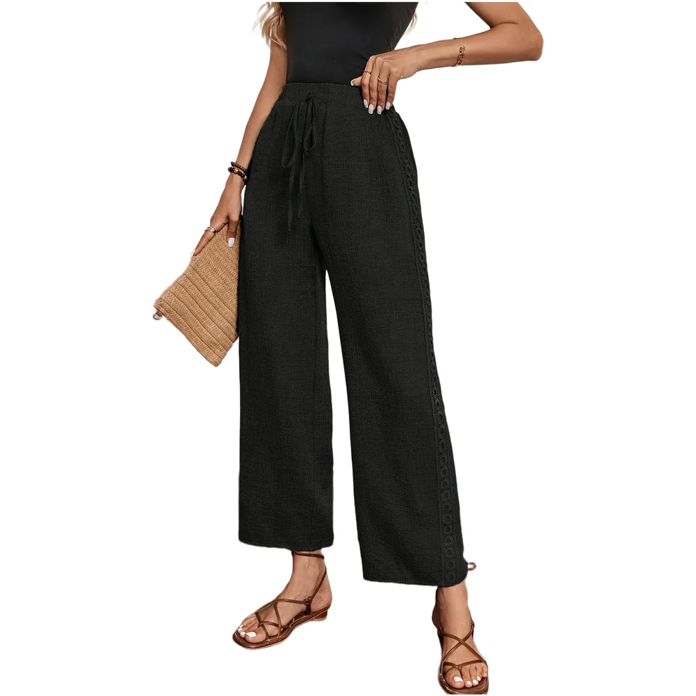 Women Retro High Waist Straight Leg Pants Side Floral Lace Casual Trousers