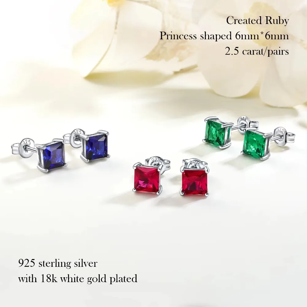 GZ ZONGFA 925 Sterling Silver Dainty Square Stud Earrings For Women Girls 6mm Ruby/Sapphire/Emerald Princess Cut Gemstone Jewels