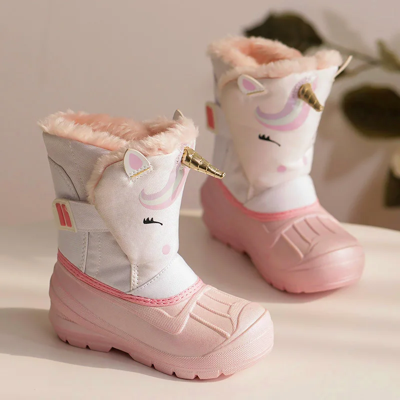 Botas de nieve de unicornio para niñas, zapatos impermeables antideslizantes para clima frío, botas de goma para niños, zapatillas de moda para niños