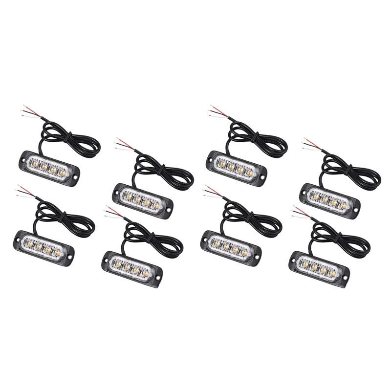 8Pcs 4 LED Amber Recovery Strobe Lights 12V 24V Orange Grill Breakdown Flashing