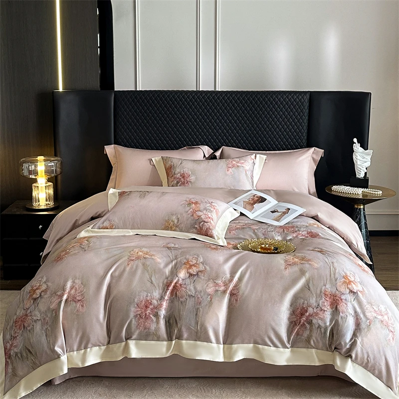 1000TC Lyocell Cotton Brushed Luxury Bedding Set Flowers Prints Duvet Cover Flat/Fitted Bed Sheet Pillowcases 4Pcs