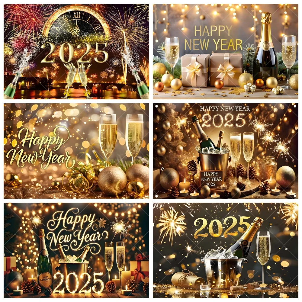 2025 Happy New Year Background Custom Golden Fireworks Champagne Clock Family New Year's Eve Party Decor Banner Celebrate Poster