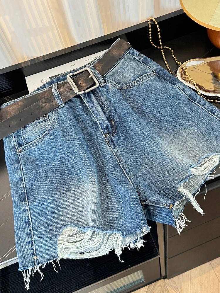 

High Waist Bell Bottom Jeans Shorts Women's Summer New Style Lazy Fashion Slimming Wide Leg Pants with Belt Frayed