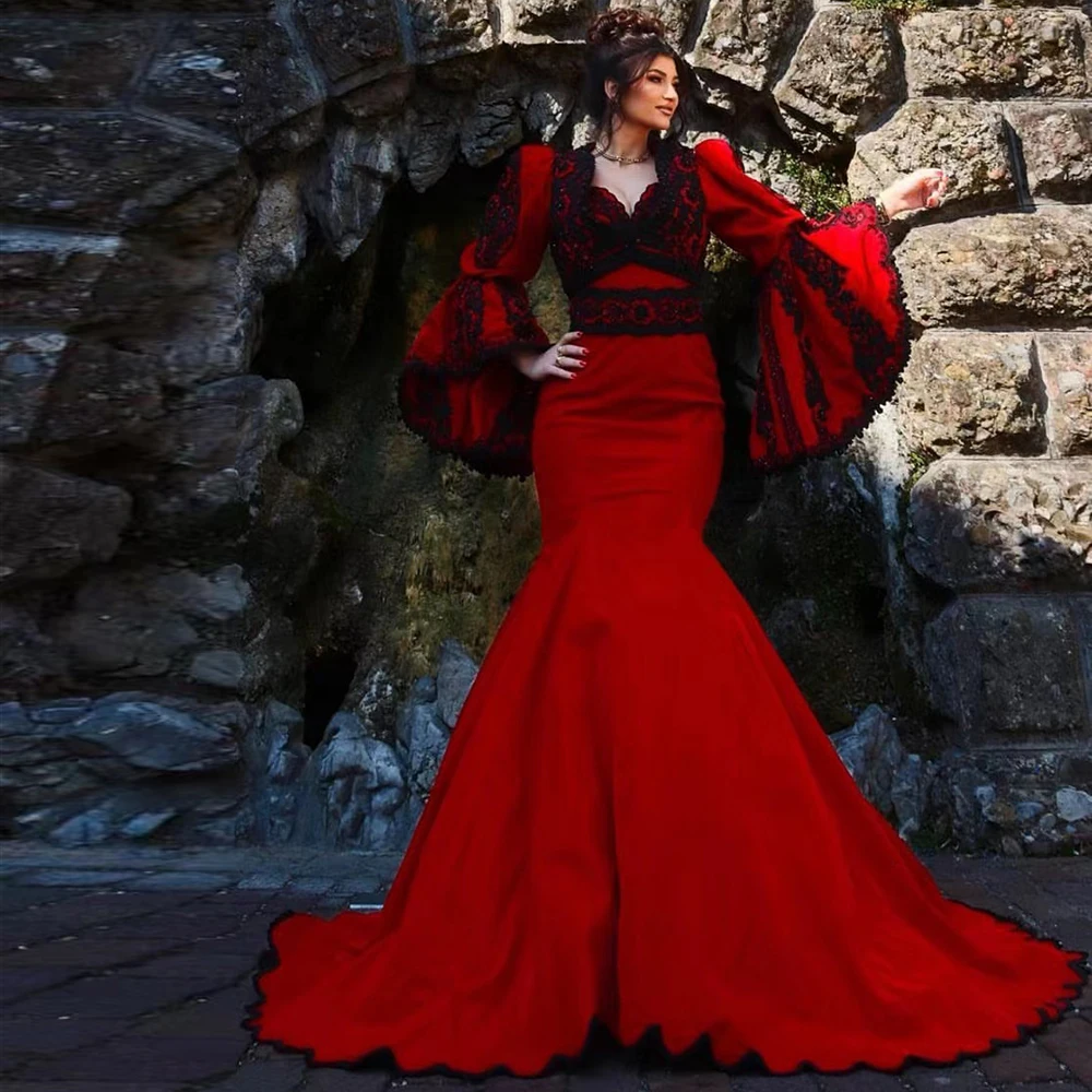 Vestidos De Noche rojos para mujer, traje modesto tradicional De Albania, De encaje, para Fiesta De noche, 2023