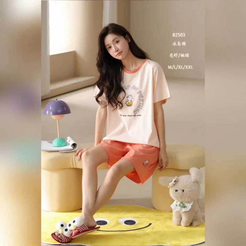 

2025Весна-Лето Новые хлопковые женские шорты с круглым вырезом и пятью рукавами, комплект домашней одежды