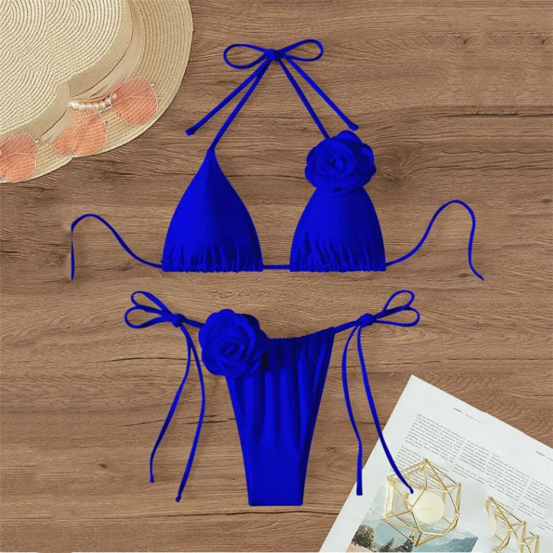 Sexy 3D Flower White String Halter Bikinis 2024 Mujer Swimwear Women Swimsuits Bathing Suit Brazilian Triangle Bikini Set Bather