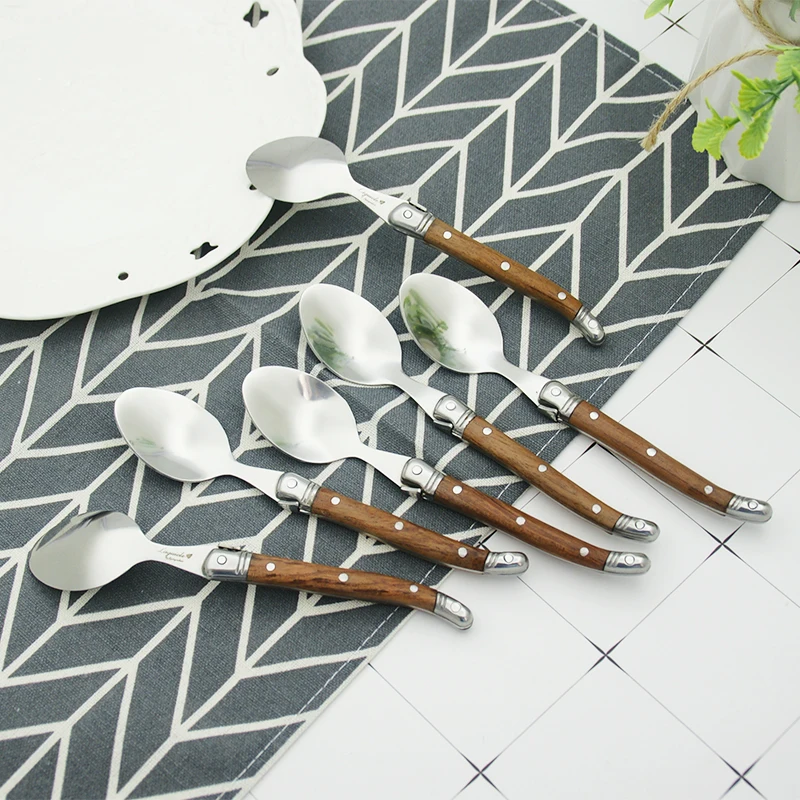 6\'\' Laguiole Teaspoon Stainless Steel Mini Coffee Dessert Tea Spoons Set Wood Handle Japanese Dinnerware Cutlery  6/10/12pcs