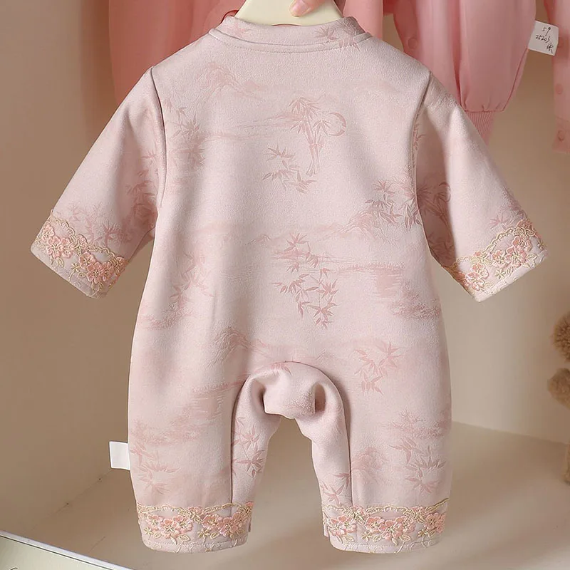 2026 Spring Autumn Infant Girls Clothes Chinese Style Cute Flowers Embroidery Pink Long Sleeve Baby Romper Newborn Items B394