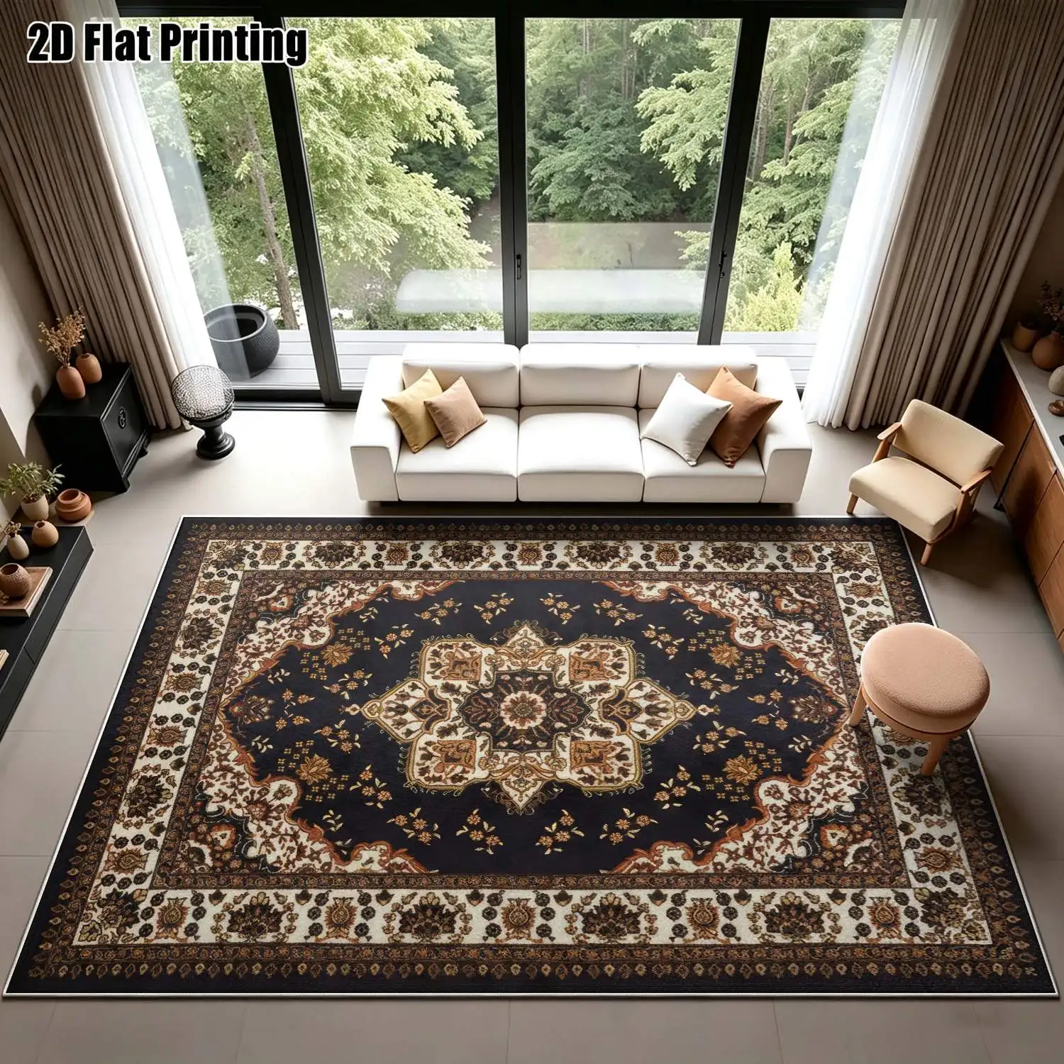 1Pc 2D Printed Velvet Carpet, Dark Brown Geometric Floral Pattern, European Retro Bohemian Style, Multi-Size, Machine Washable, for Home Decor, Multi-Scene Use