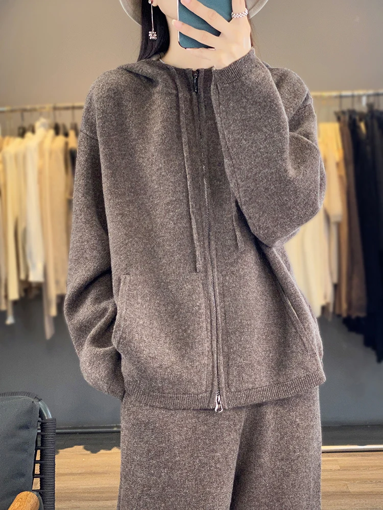 High-end Thicken 100% Wool Zipper Cardigan Women Hooded Knitted Coat Fashion Loose Plus Size Jacket Double zipper Winter Sweater