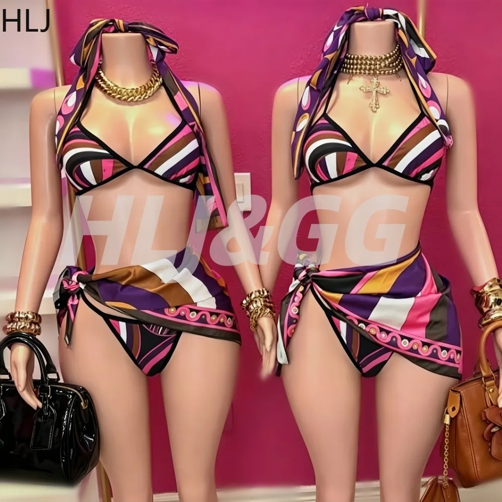 HLJ Women 4Piece Print Bikini Set Scarf Cover Up Halter Triangle Top Tie Side Bottom Sarong Headband Bohemian Swimsuit Beachwear