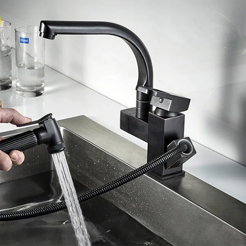 Black Bathroom Washbasin Faucet Pull Out Kitchen Sink Faucet With Spray Gun Hot Cold Wate Mixer Tap Deck Mounted Accessories