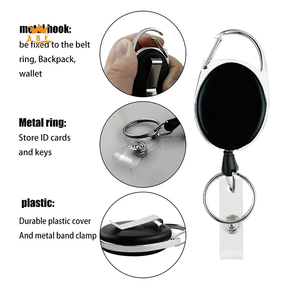 

A08E-5 Pack Heavy Duty Retractable Badge Reel Id Card Holder With Clip And Keyring Carabiner Keychain With Belt Clip Black