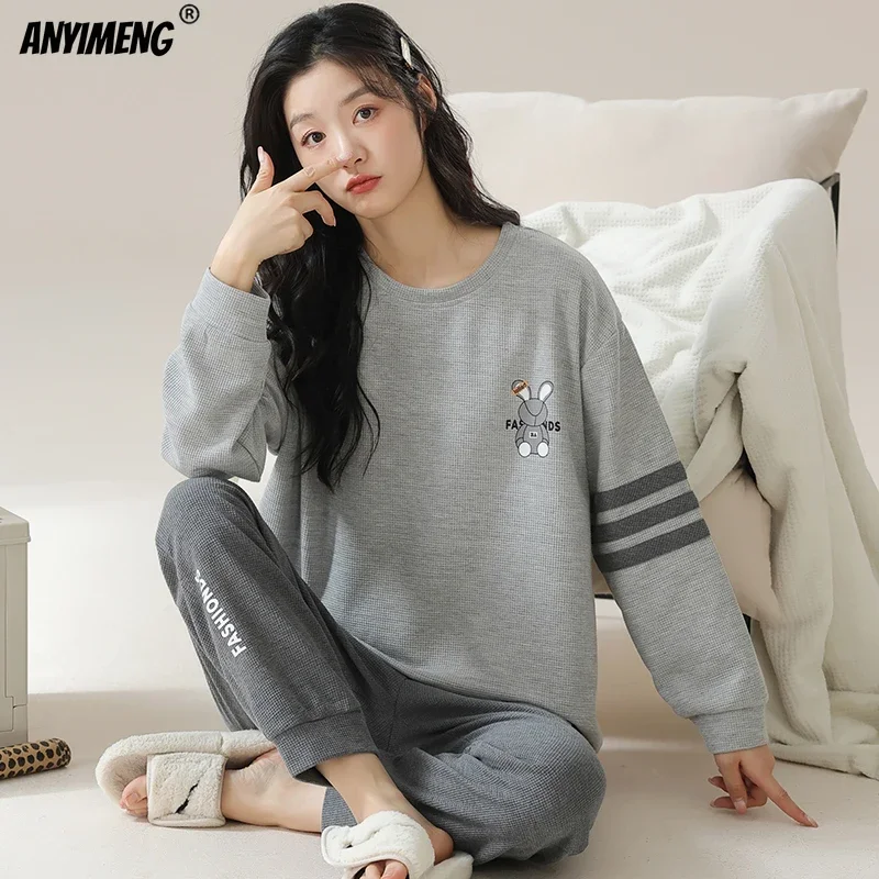 New Autumn Winter Waffle Cotton Pajamas for Women Long Sleeves Sleepwear Casual Sports Pijamas O-neck Woman Loungewear