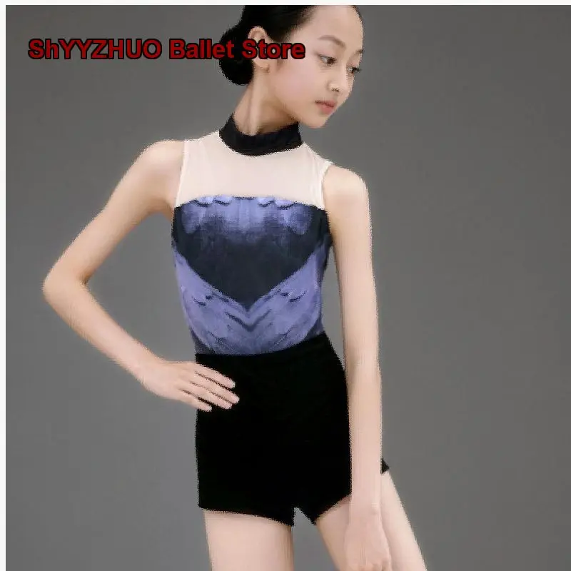 Children's Girls Dance Dress Small Stand Collar Sleeveless Blue Ruffle Print Backless Art Exam Basic Training Body Suit Practice