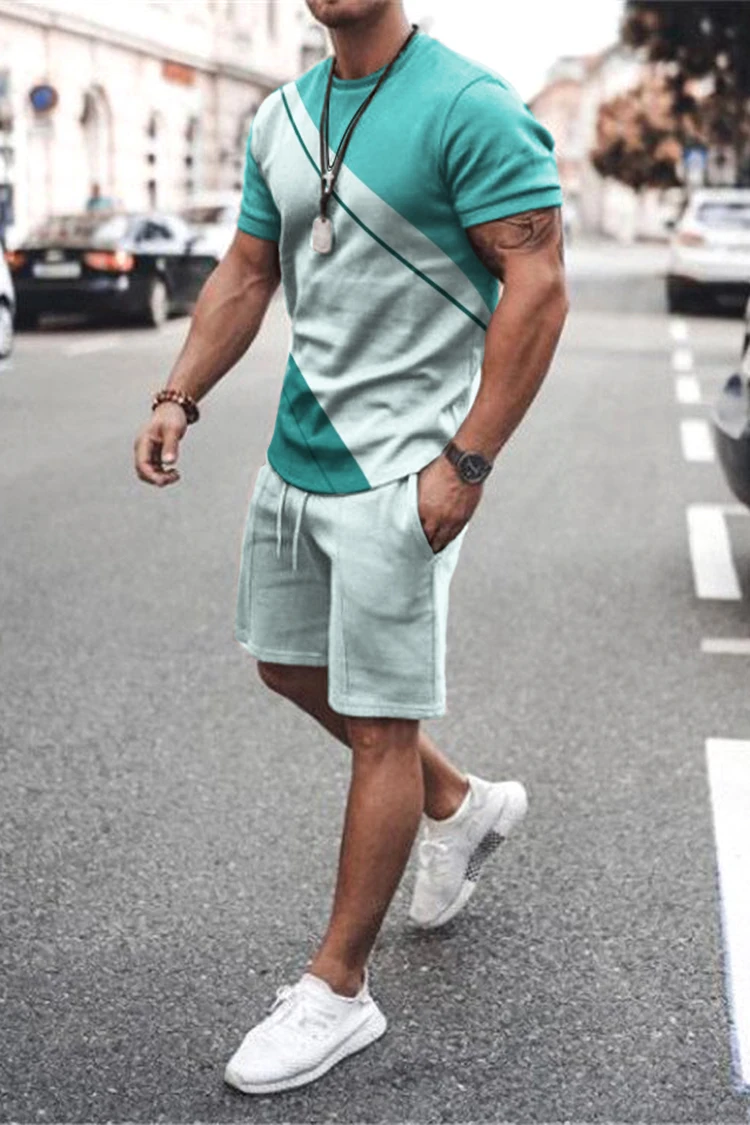 Sommer Männer setzt Shorts Outfits männliche Kleidung Straße T-Shirt zweiteiligen 3D-Druck lässig O-Ausschnitt Trainings anzug übergroße Strand Sport bekleidung – Detail 5
