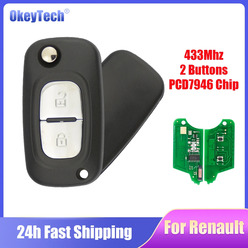 OkeyTech 2 Buttons Remote Flip Folding Car Key for Renault Fluence Clio Megane Kangoo Modus Captur Duster 433Mhz ASK 7946 Chip