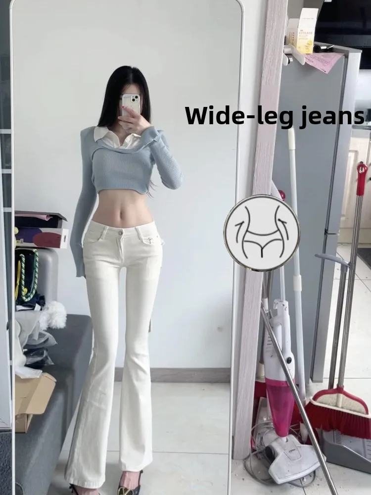 

Low Waist Flared Jeans Slimming High Waist Tummy Control Lengthening Legs Effect White Denim Pants Casual Style Cotton Stretch